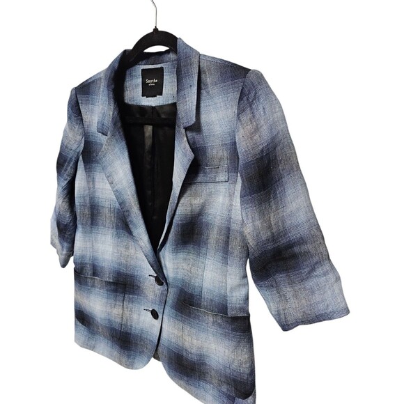 Smythe Blazer 100% Linen Shadow Plaid Tartan Blue Black Half Sleeve Pockets - Picture 14 of 16